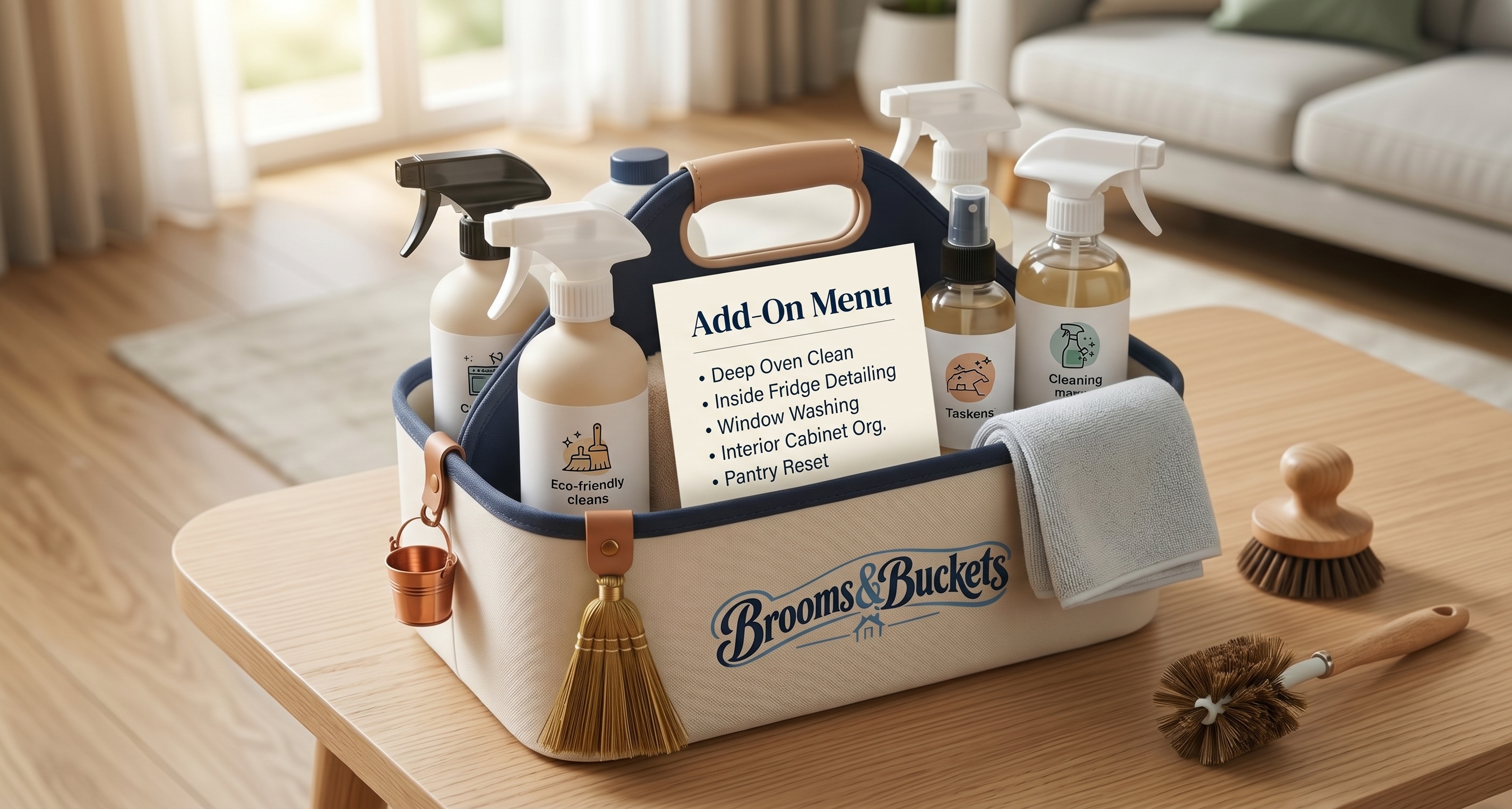 A Brooms & Buckets caddy of cleaning bottles with an add-on menu.