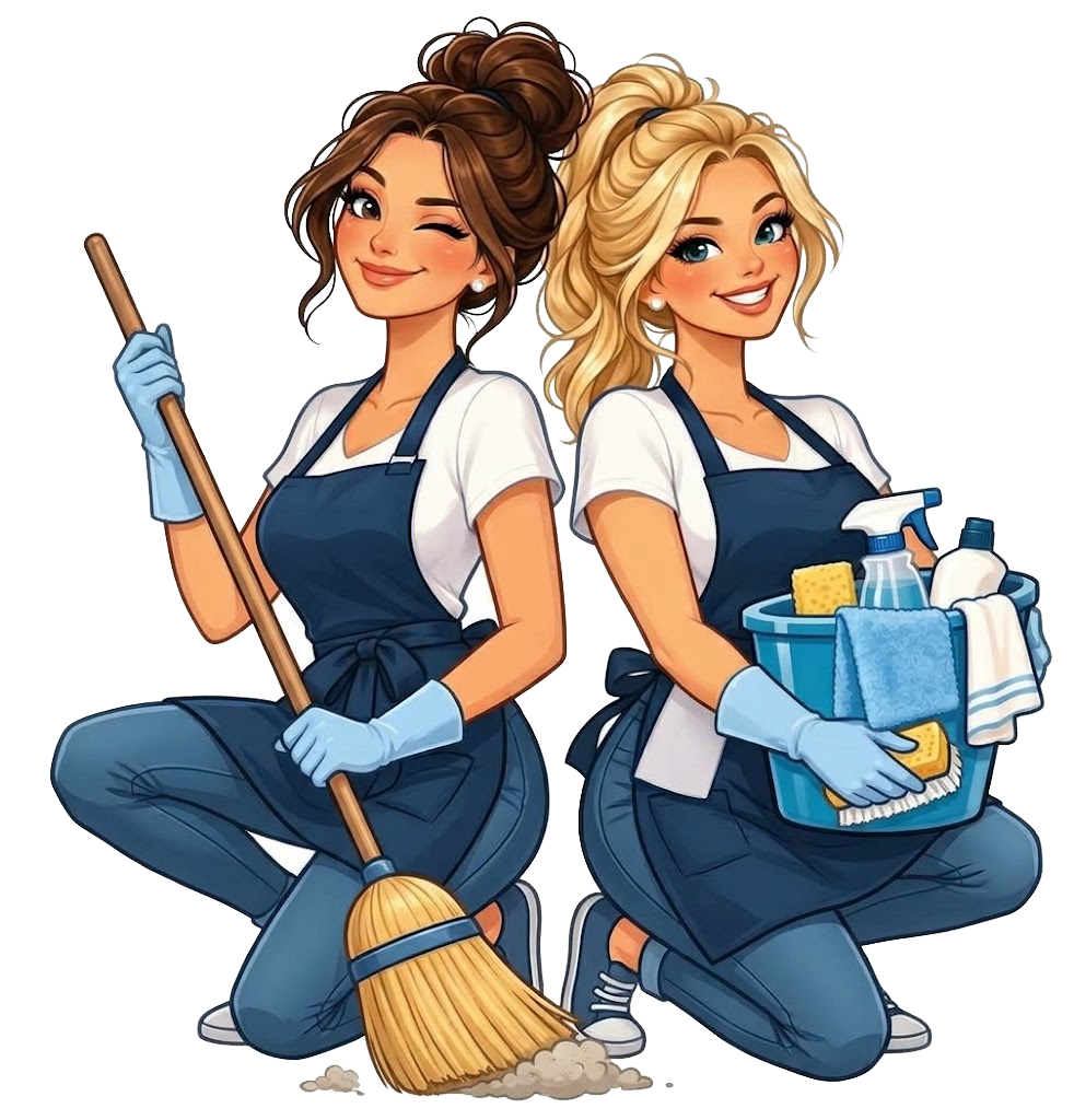 Two illustrated women kneeling in navy aprons, one sweeping and the other holding a blue bucket of supplies.