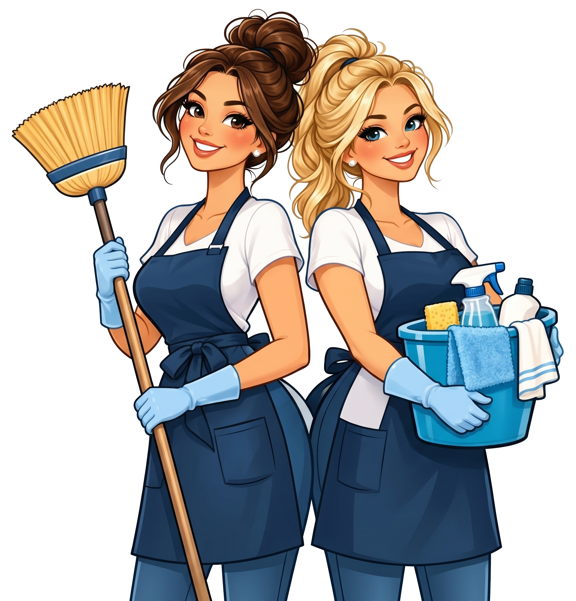The Brooms & Buckets mascots, ready with a broom and a bucket.