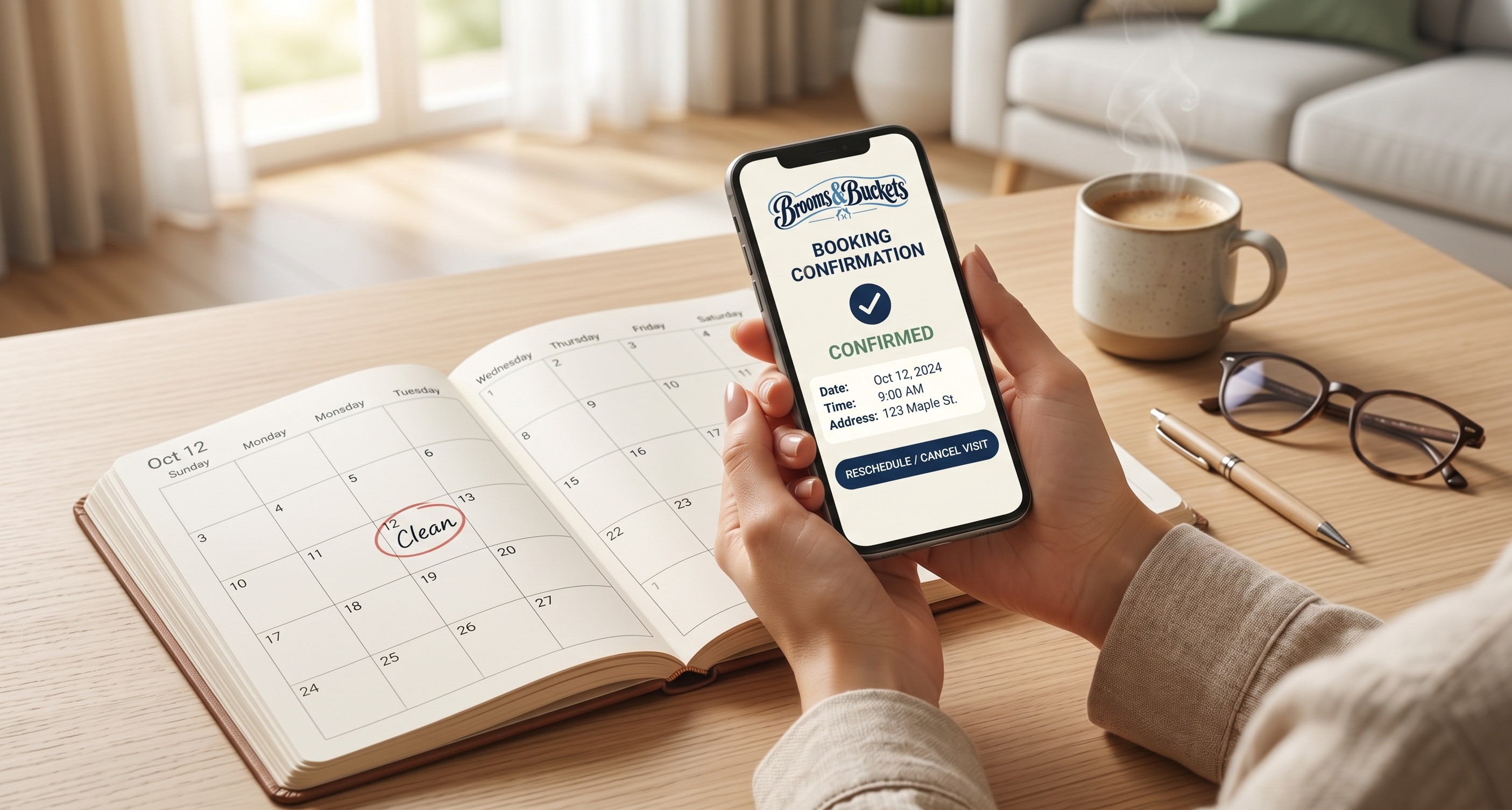 A phone showing a Brooms & Buckets booking confirmation, beside a calendar with a clean circled.