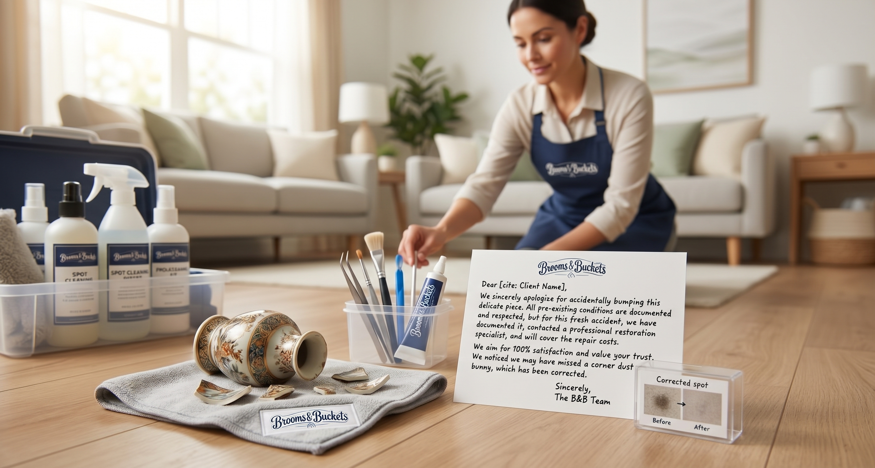 A broken vase and a note on the floor, with a person in a Brooms & Buckets apron.