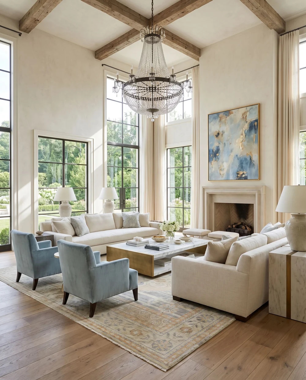 A bright living room with tall windows, a pale sofa, and wood floors.