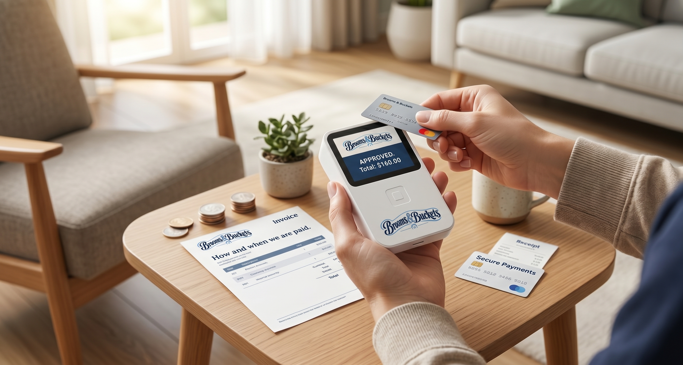 A card reader showing an approved Brooms & Buckets payment, with an invoice on the table.