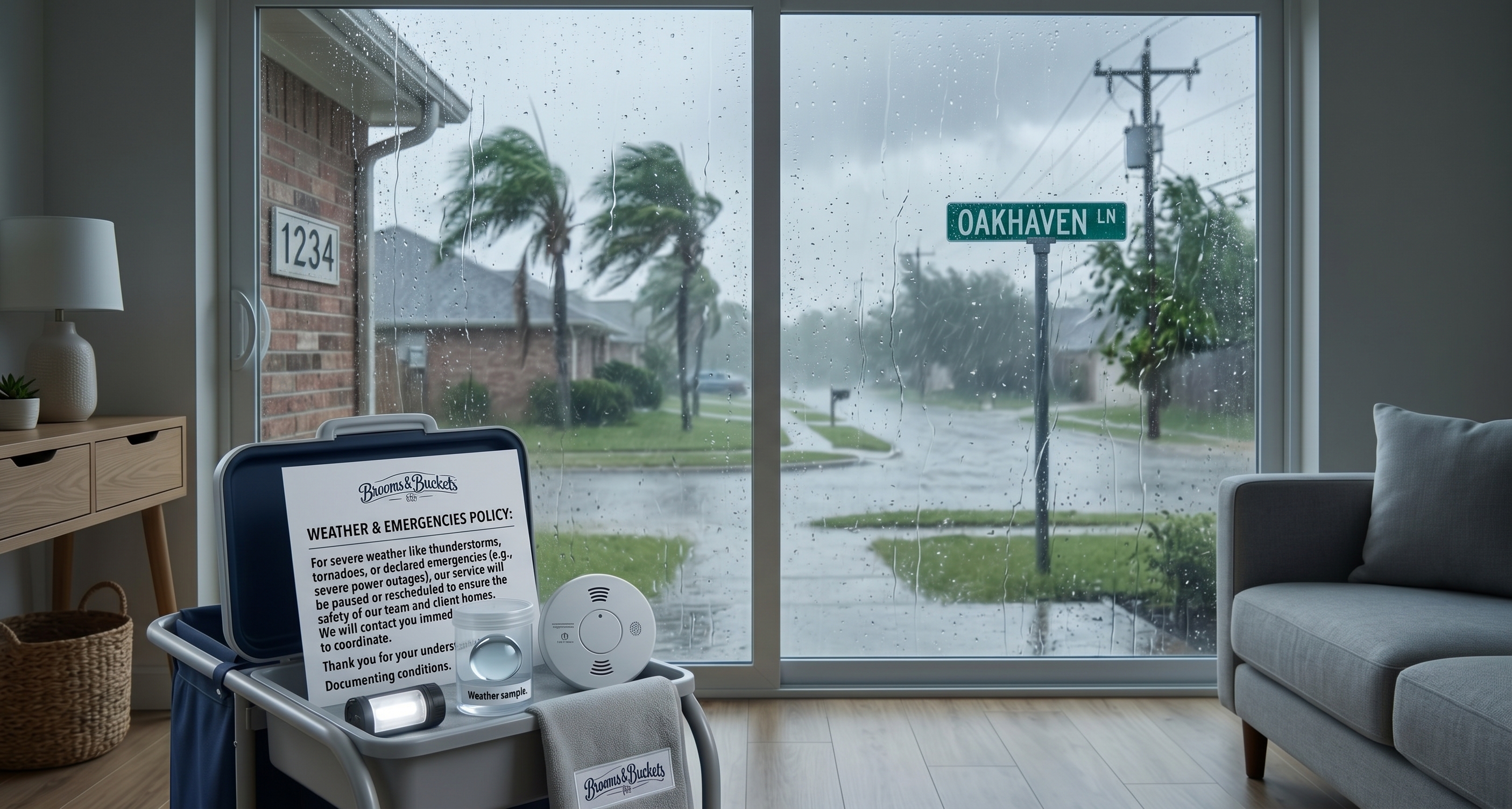 Rain on a window looking onto a flooded street, with a Brooms & Buckets caddy in front.